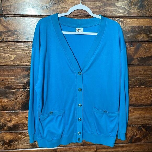 Vintage Aileen Too Blue Button Up V-Neck Sweater Cardigan Women’s Size 16W/36 - Picture 15 of 16